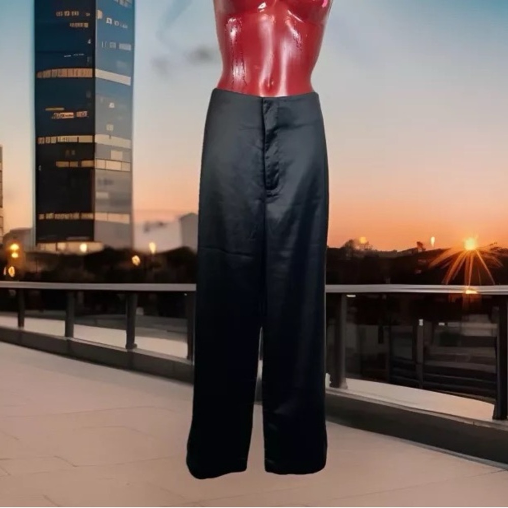 NWT Calvin Klein Jeans Women’s High-Waist Wide-Leg Satin Pants – Black SIZE 14